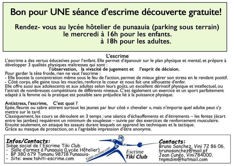 BON pour UNE séance d'escrime découverte gratuite! BON pour UNE séance d'escrime découverte gratuite!