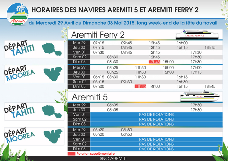 Aremiti Ferry 2 : Une rotation supplémentaire ce Dimanche 03 Mai 2015