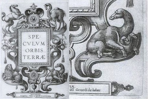 Le frontispice de l’atlas "Speculum Orbis Terrae", du Hollandais Cornelis de Jode, publié en 1593. Sur la partie gauche du document, on distingue, pour symboliser les quatre continents connus, un cheval (en haut à droite), un chameau (en haut à gauche), un lion (en bas à droite) et un kangourou (en bas à droite). Sur la partie droite de notre document, un gros plan sur le kangourou de 1593, portant ses deux petits dans sa poche, facile à distinguer.