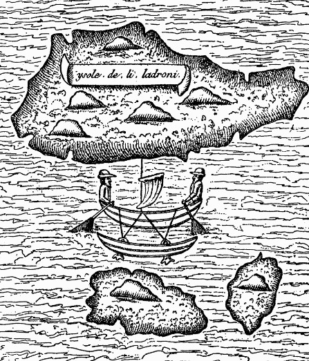 Voici la toute première carte, des plus imprécises, établie après le tour du monde de quelques hommes partis avec Magellan. Les Mariannes étaient déjà appelées les “îles des Voleurs” (isole de li ladroni).