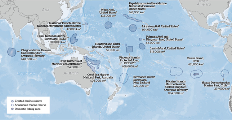 Figure 3 : Réserves marines hautement protégées (sans pêche) dans le monde (Source : Fondation Pew 2016)