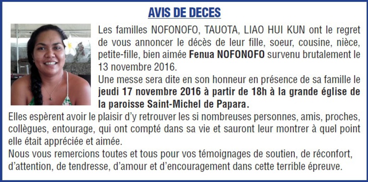 Avis de décès Fenua NOFONOFO Avis de décès Fenua NOFONOFO