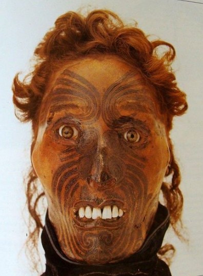 Un exemple de ce que “l’art” de momifier des têtes humaines en Nouvelle-Zélande pouvait produire ; à ce “moko”, des yeux de verre ont été ajoutés, pour faire “plus vrai”…