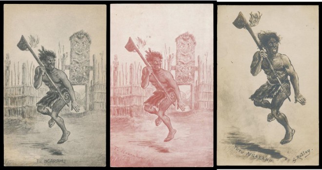 Robley avait un solide coup de crayon, comme en témoigne ce triptyque de guerriers maoris effectuant une danse guerrière, sans doute un haka.