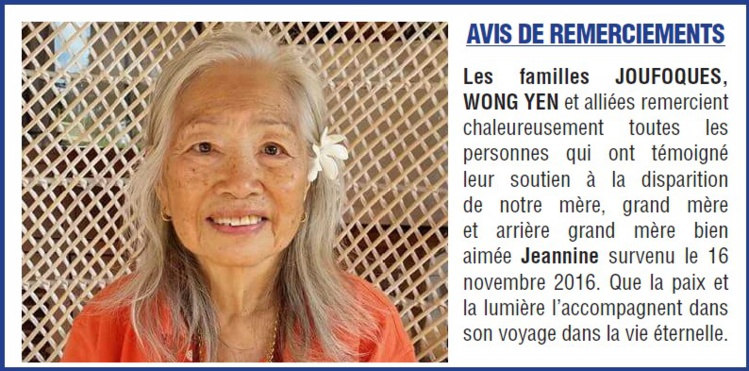 Avis de remerciements familles JOUFOQUES, WONG YEN Avis de remerciements familles JOUFOQUES, WONG YEN