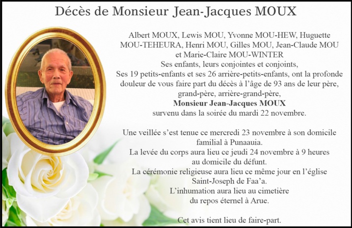 Décès de Monsieur Jean-Jacques Moux Décès de Monsieur Jean-Jacques Moux