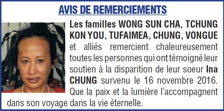 Avis de remerciements familles CHUNG, VONGUE Avis de remerciements familles CHUNG, VONGUE