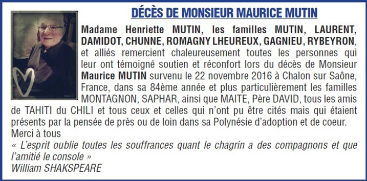 Décès de monsieur Maurice MUTIN Décès de monsieur Maurice MUTIN