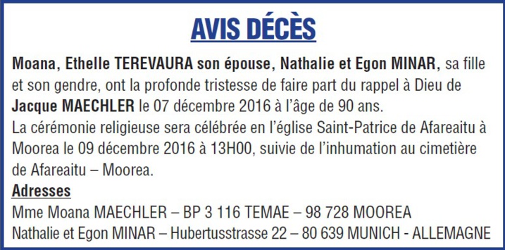 Décès de Monsieur Jacque MAECHLER Décès de Monsieur Jacque MAECHLER