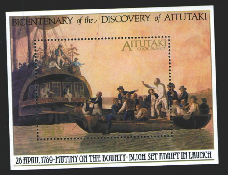 Ce timbre, émis à l’occasion du bicentenaire de la découverte de Aitutaki, rend hommage à la mutinerie de la “HMS Bounty”, qui eut lieu après le passage de Bligh à Tahiti.