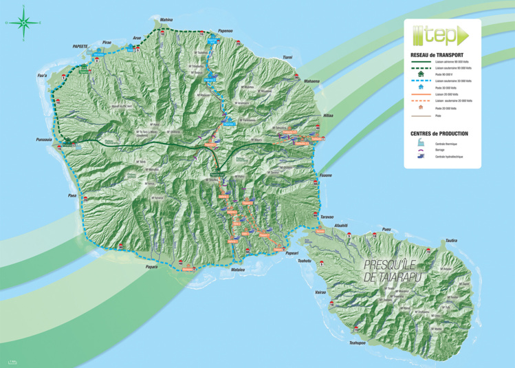 Carte du réseau de transport électrique de la TEP, sur Tahiti.