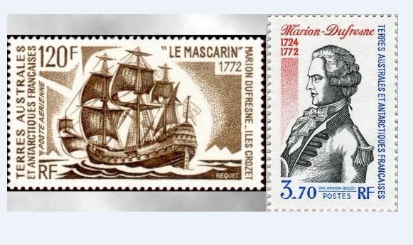 Ces deux timbres émis en hommage au navigateur montrent que l’orthographe de son nom demeure, aujourd’hui encore, imprécise : Marion Dufresne sur une vignette et Marion-Dufresne sur l’autre.