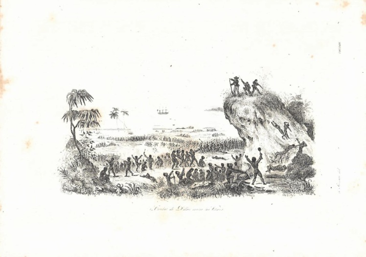 Cette gravure du XIXe siècle est célèbre et montre le combat de Dillon contre les Fidjiens, alors que le corps de Charlie Savage, en bas de l’image, est déjà prêt à être mis au four (collection DP).