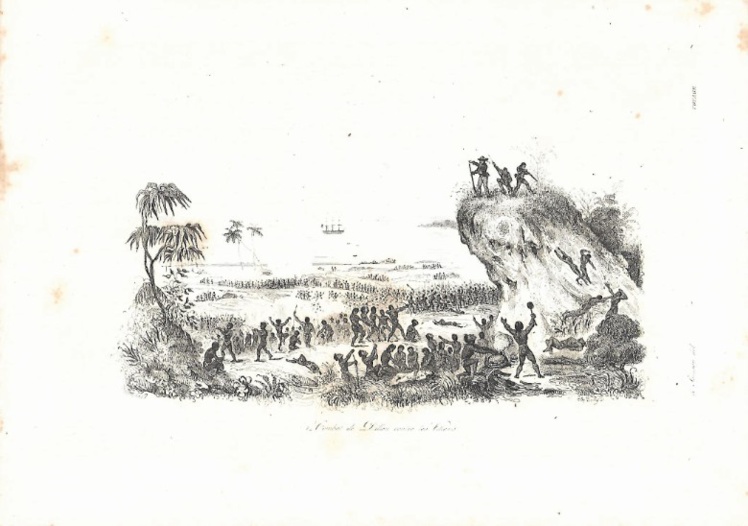 Cette gravure du XIXe siècle est célèbre et montre le combat de Dillon contre les Fidjiens, alors que le corps de Charlie Savage, en bas de l’image, est déjà prêt à être mis au four (collection DP). Cette gravure du XIXe siècle est célèbre et montre le combat de Dillon contre les Fidjiens, alors que le corps de Charlie Savage, en bas de l’image, est déjà prêt à être mis au four (collection DP).