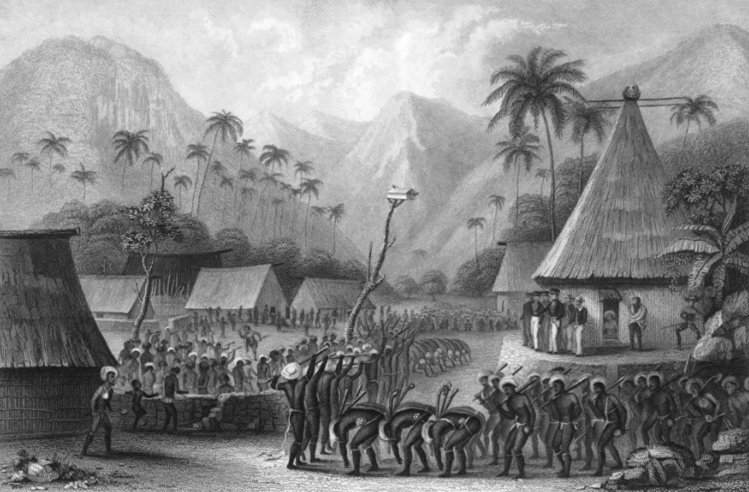 Un village fidjien lors d’une cérémonie ; Savage était diplomatiquement habile, puisqu’il parvint à se faire accepter des Fidjiens et à vivre cinq années parmi eux.