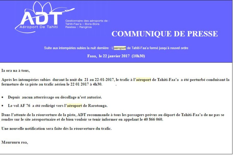L'aéroport de Tahiti Faa'a sous les eaux, un vol Air France doit atterrir à Rarotonga