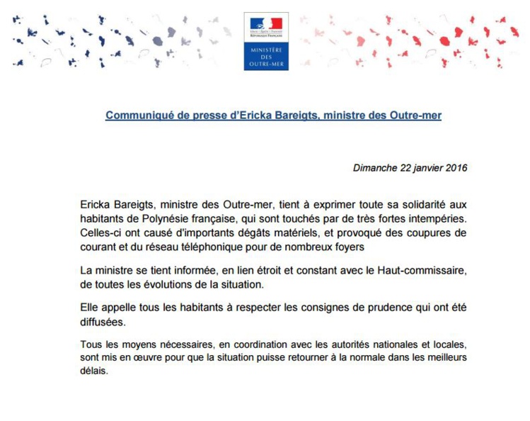 Intempéries en Polynésie: la ministre des Outremer, Ericka Bareigts, solidaire