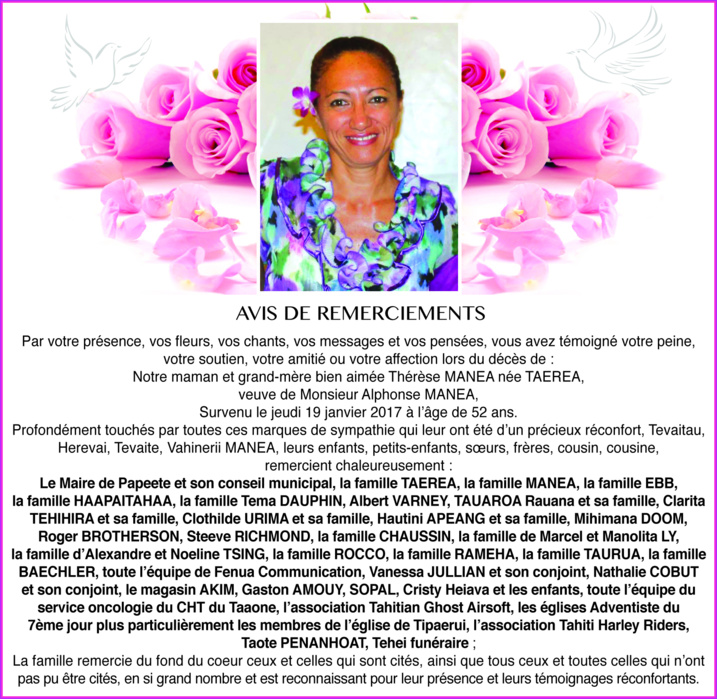 Avis de remerciements familles MANEA, TAEREA Avis de remerciements familles MANEA, TAEREA