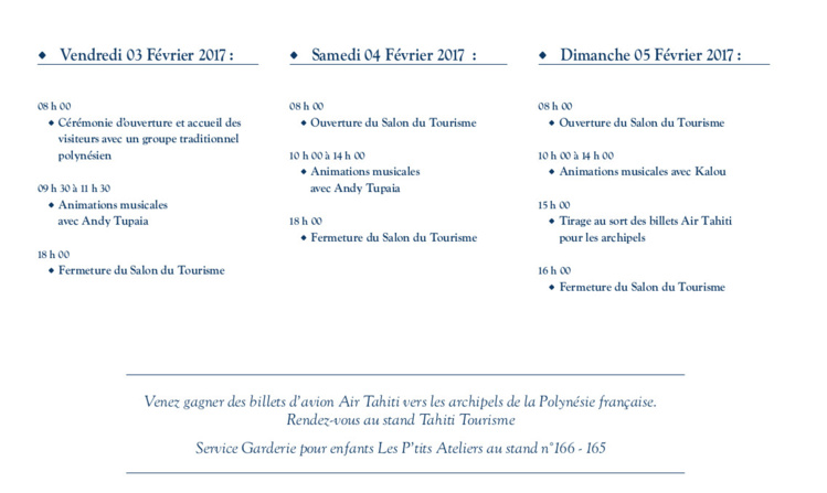 Le Salon du tourisme du 3 au 5 février à Aorai Tini Hau