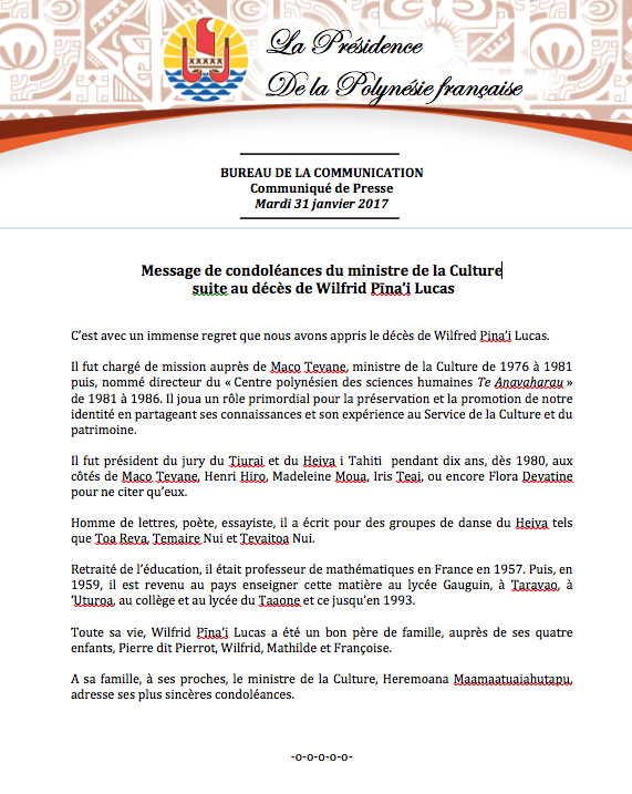 Décès de Wilfrid Pīna’i Lucas