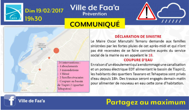 Intempéries: Les écoles de Faa'a seront fermées lundi