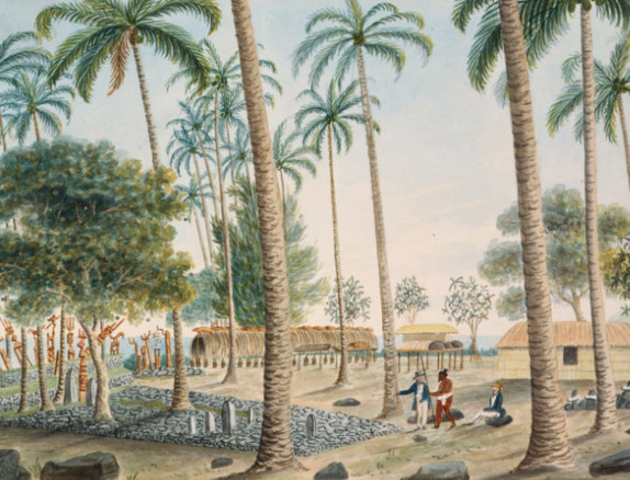 The Morai at Oparrey, Island of Otahytey – Le marae Taputapuatea à Papaoa dans le district de Pirae en 1792.
