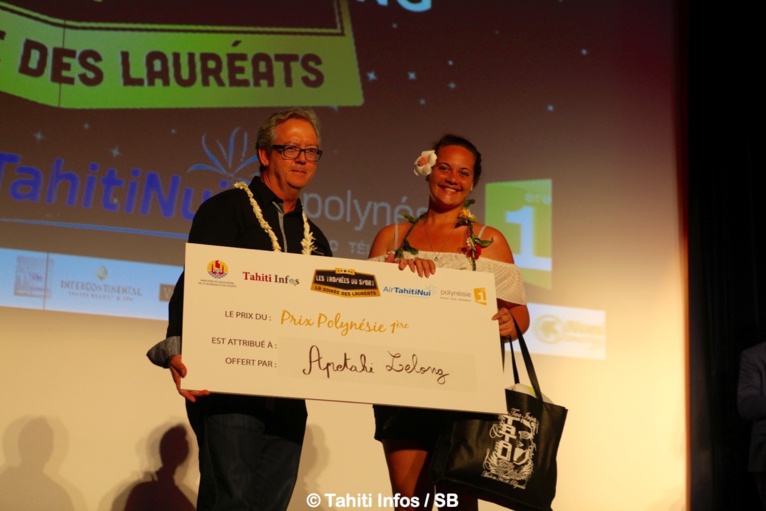 Gérald Prufer, directeur régional de Polynésie 1e avec Apetahi Lelong, gagnante du jeu SMS Gérald Prufer, directeur régional de Polynésie 1e avec Apetahi Lelong, gagnante du jeu SMS