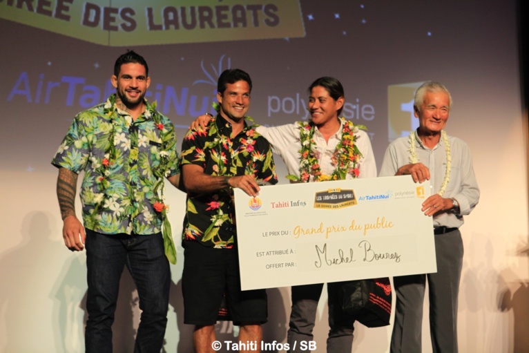 Le podium gagnant avec M. Albert Moux, PDG de Shell Pacific, gérant de Fenua Com, invité d'honneur de cette soirée Le podium gagnant avec M. Albert Moux, PDG de Shell Pacific, gérant de Fenua Com, invité d'honneur de cette soirée