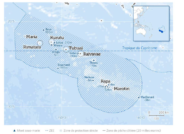 Zonage de la réserve marine proposé par la population des Australes, qui comprend 5 zones de pêche côtière jusqu’à 20 nautiques des îles et une grande zone de protection de 1 million de km² (Source : Pew Polynésie)
