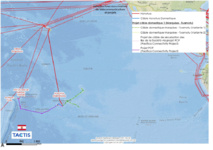 En rouge et bleu, les câbles existants. En vert Natitua, en en violet Manatua En rouge et bleu, les câbles existants. En vert Natitua, en en violet Manatua