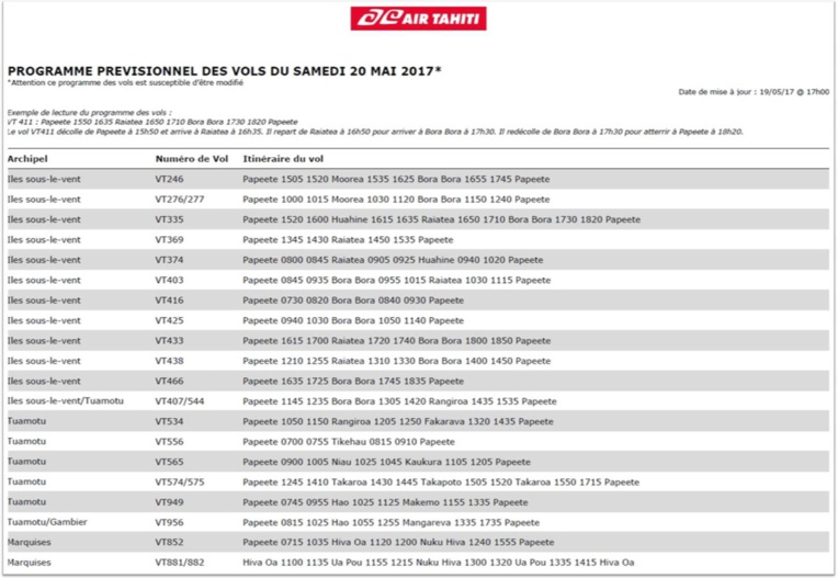 Programme des vols d'Air Tahiti du week-end