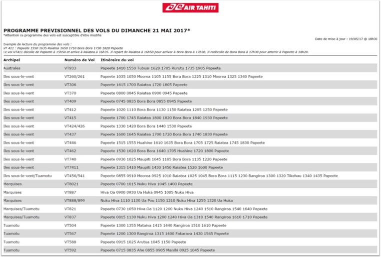 Programme des vols d'Air Tahiti du week-end