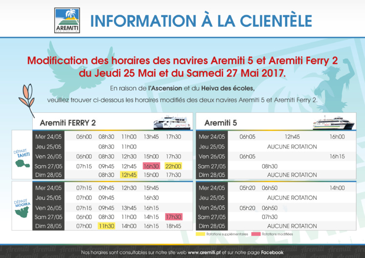 Aremiti : horaires aménagés les 25 et 27 mai Aremiti : horaires aménagés les 25 et 27 mai