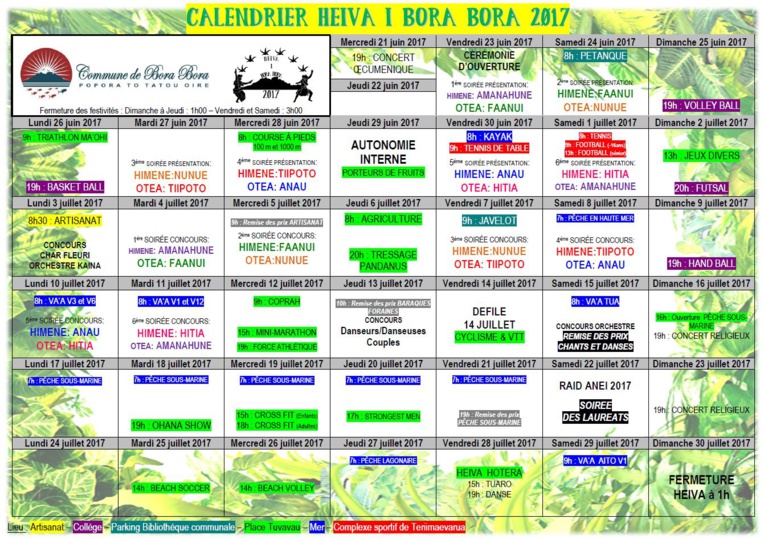 Le programme du Heiva i Bora Bora.