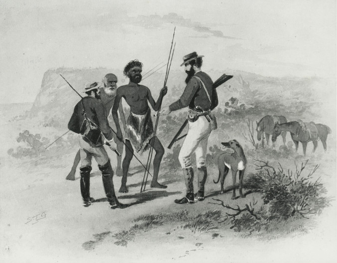 John Horrocks en pourparlers avec des Aborigènes, à proximité du lac Torrens.