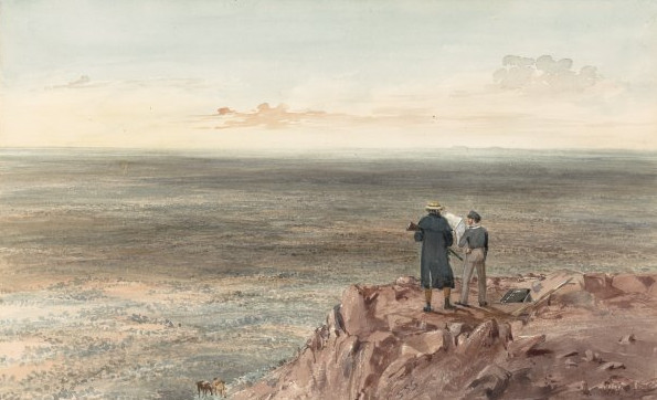 Horrocks découvrant le panorama depuis une hauteur au-dessus de Depot Creek où il avait établi son campement.