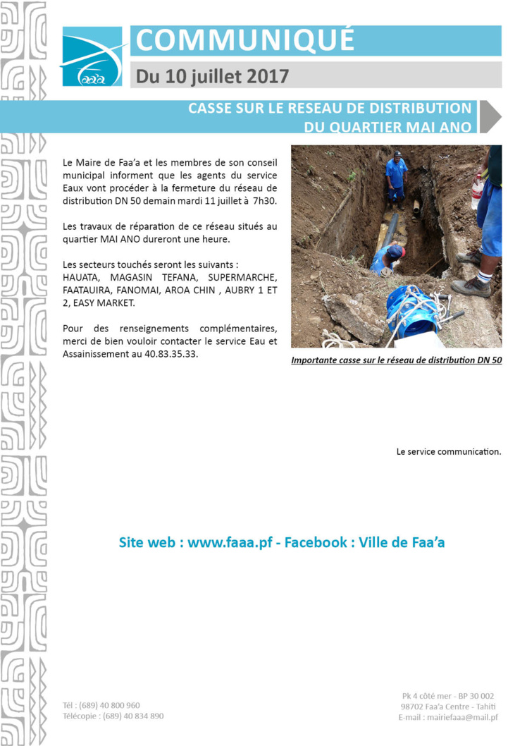 Faa'a : coupure d'eau au quartier Mai Ano, le 11 juillet Faa'a : coupure d'eau au quartier Mai Ano, le 11 juillet