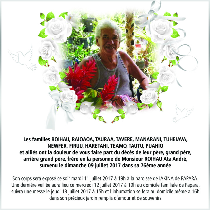 Décès de Monsieur ROIHAU Ata André Décès de Monsieur ROIHAU Ata André