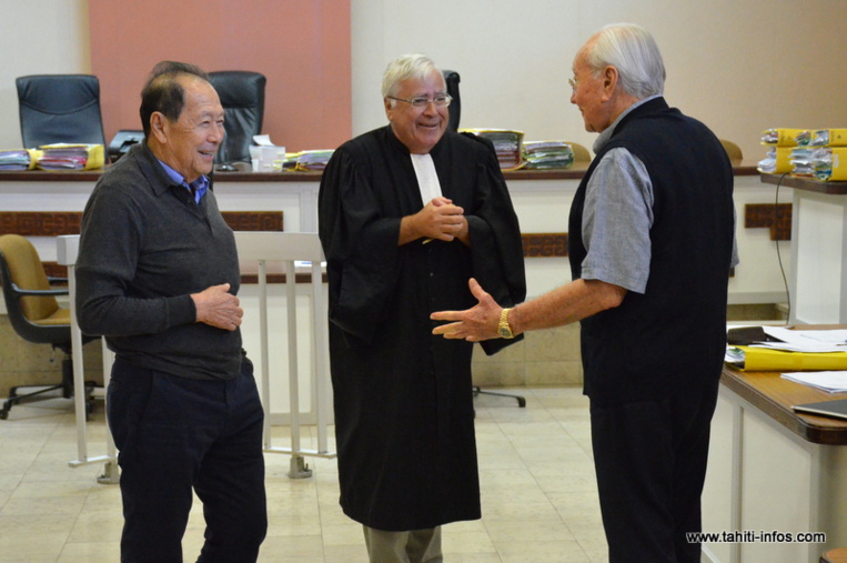 Robert Wan, Gaston Flosse et leur avocat Me Quinquis à l'audience de la cour d'appel en juin 2016. (Archives)