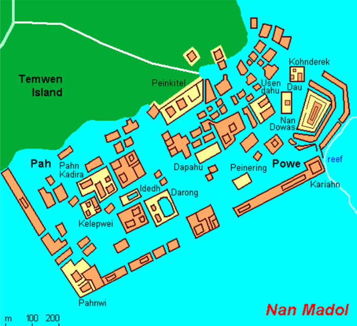 Un plan de Nan Madol, avec ses différents îlots, ses quartiers et ses voies navigables. Longueur : 1,5 km.