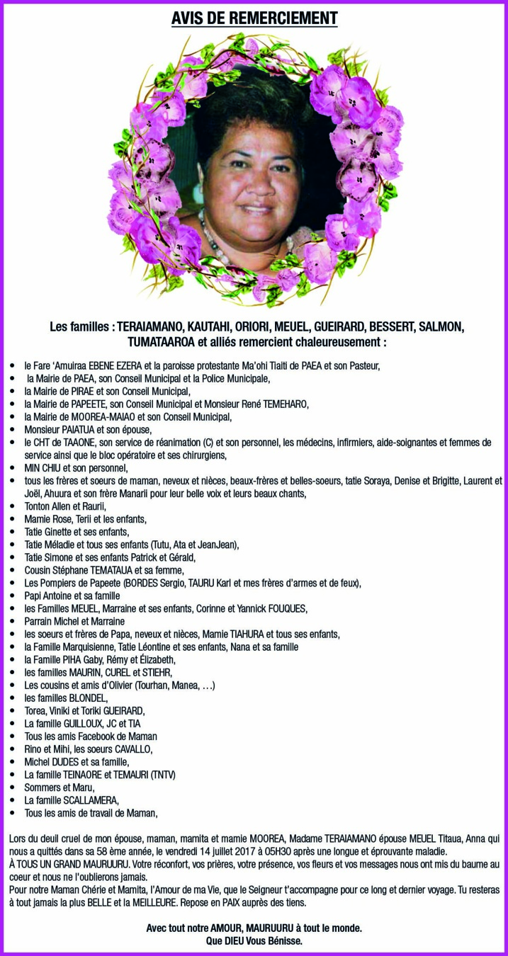 Avis de remerciements Famille TERAIAMANO-MEUEL Avis de remerciements Famille TERAIAMANO-MEUEL