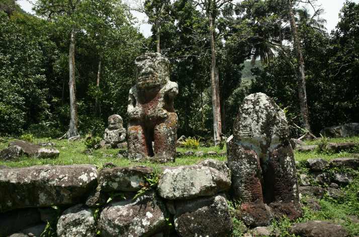Une vue très classique du cœur de Iipona, avec trois de ses plus gros tiki sur le paepae Pahivai : Maiauto, décapité, au premier plan, Takaii, le plus grand, et Fau Poe à l'arrière-plan. L'humidité ambiante contribue à fortement dégrader la pierre dans laquelle ont été sculptées ces pièces majeures de l'art polynésien qui sont, depuis peu, à l’abri des éléments.
