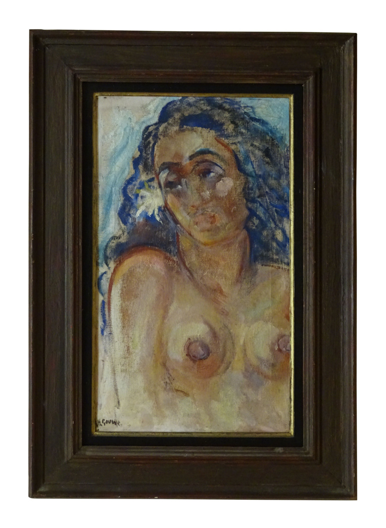 Vous trouverez de nombreuses peintures, à l'image de cette "Vahine aux seins nus" de Gouwe.