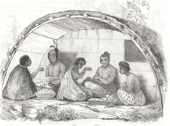 Une case maorie ; dès son installation, Marmon adopta toutes les coutumes locales, soucieux de ne pas retomber dans les mains des Anglais.