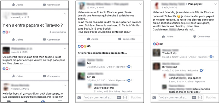 Les échanges entre membres de certains des groupes de libertinage formés sur Facebook. Les échanges entre membres de certains des groupes de libertinage formés sur Facebook.