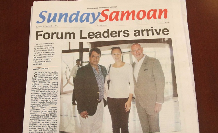 La presse samoane relaie l'arrivée des chefs d'exécutif à Apia, et notamment du Président Edouard Fritch, pour la réunion du Forum des îles du Pacifique La presse samoane relaie l'arrivée des chefs d'exécutif à Apia, et notamment du Président Edouard Fritch, pour la réunion du Forum des îles du Pacifique