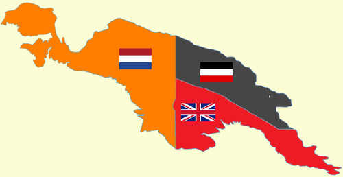 La Nouvelle-Guinée en 1913 : hollandaise à l’ouest, allemande au nord-est et anglaise au sud-est.