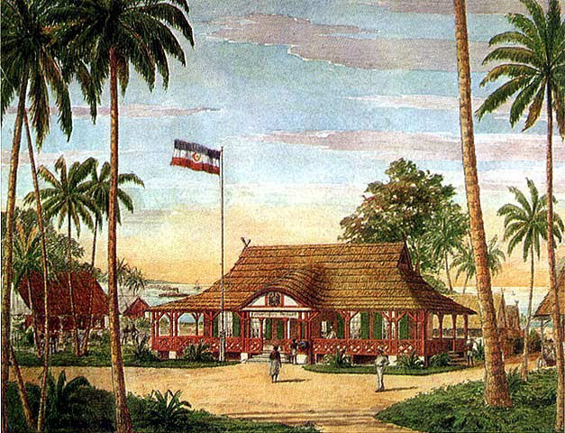 Kokopo, en 1914, dans l’île de la Nouvelle-Bretagne : la bourgade, appelée Herberthöhe, était alors la capitale de la province allemande de la Nouvelle Poméranie 6  (Facultatif) Une vieille carte postale allemande montrant le bâtiment dans la partie nord de la Nouvelle-Guinée où la reddition allemande fut signée dès le début de la guerre.