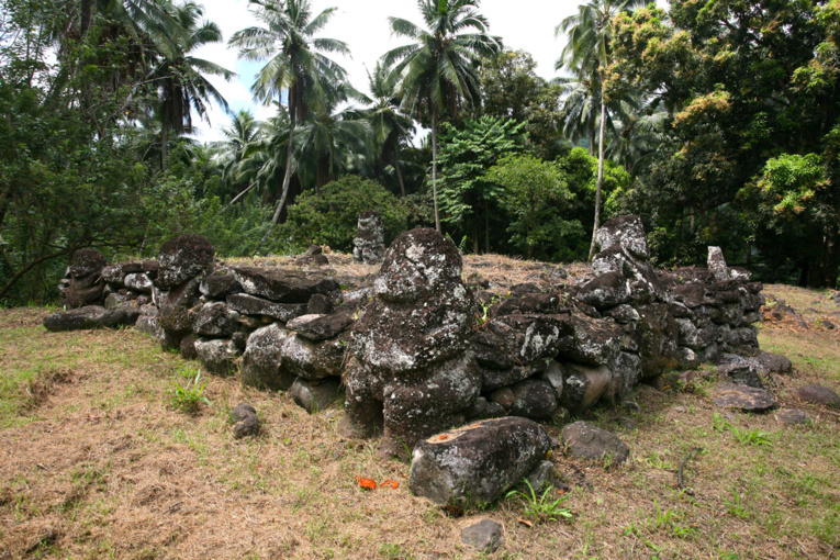 Une vue de la plate-forme inférieure du meae Paeke avec ses quatre tiki enchâssés dans le mur d’enceinte et le cinquième (partiellement décapité) sur la plate-forme.