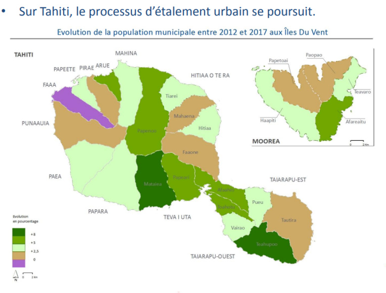 Entre 2012 et 2017, la plus forte croissance de population a été observée dans les communes de Mataiea et de Teahopoo. (Source ISPF)